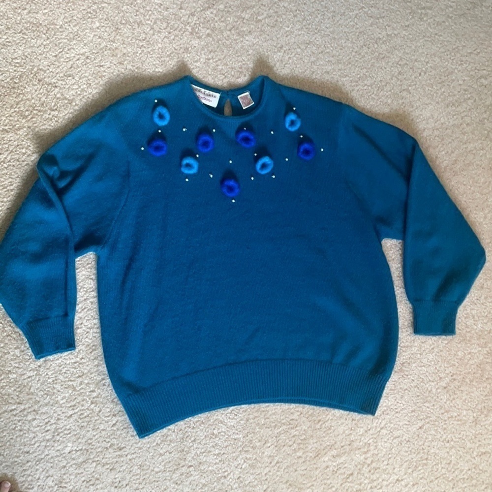 Vintage Teal blue Sweater Sz L Pearls Felted Blue Turquoise Doughnuts Circles 2x